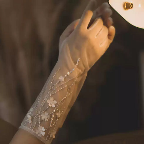 White Bridal Tulle Wedding Gloves – Floral Embellished Gloves
